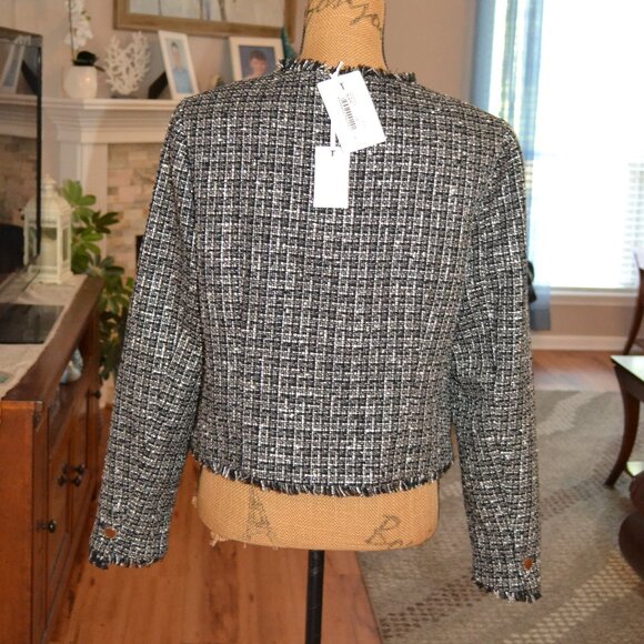 Ted Baker NWT Klaudi Metallic Bouclé black white Tweed Fringe button up Jacket 4 - Picture 7 of 14